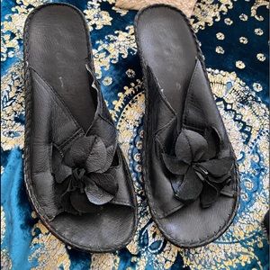 Leather black sandals -flower design. 100% leather/ heel/bottom man made.